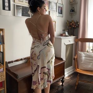 True vintage Y2K BCBGmaxazria silk cowl dress w coral pattern, asymmetric hem